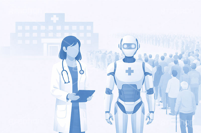 医師不足,人員不足,AI,ロボット,医療問題,社会問題,問題,高齢化,医師,医療,通院,病院,診察,病室,ヘルスケア,ケア,メディカル,健康,人物,キャラクター,おじいさん,おばあさん,おじさん,おばさん,お年寄り,高齢者,シニア,イラスト,illustration,healthcare,health,hospital,medical,AI生成素材