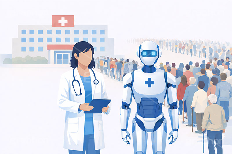 医師不足,人員不足,AI,ロボット,医療問題,社会問題,問題,高齢化,医師,医療,通院,病院,診察,病室,ヘルスケア,ケア,メディカル,健康,人物,キャラクター,おじいさん,おばあさん,おじさん,おばさん,お年寄り,高齢者,シニア,イラスト,illustration,healthcare,health,hospital,medical,AI生成素材