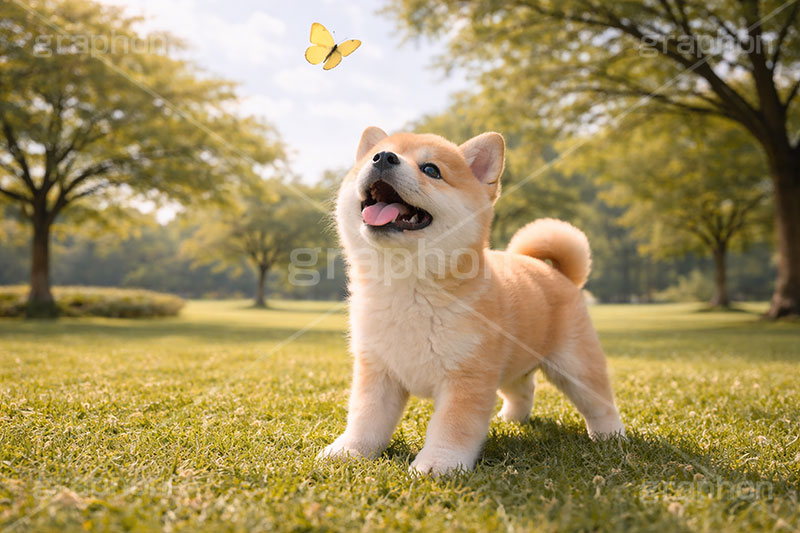 蝶々と遊ぶ,ちょうちょ,蝶々,春,じゃれる,遊ぶ,興味,豆柴の子犬,公園,芝生,いぬ,イヌ,犬,子犬,ドッグ,豆柴,かわいい,カワイイ,可愛い,キュート,ペット,動物,cute,pet,dog,spring,AI生成素材