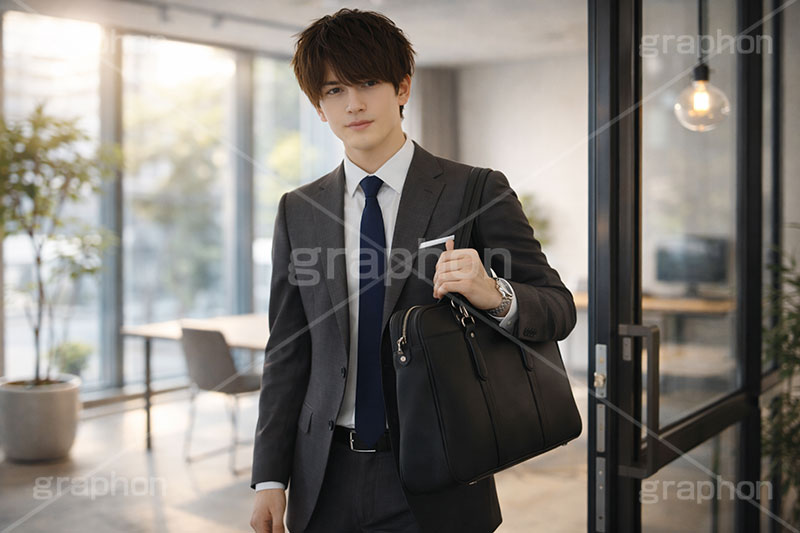 退勤,挨拶,あいさつ,通勤,出社,サラリーマン,リーマン,ビジネス,仕事,オフィス,スーツ,ネクタイ,背広,男性,モデル,男,青年,ワイシャツ,イメージ,職場,営業,就職,就活,転職,打ち合わせ,打合せ,ミーティング,会議,取引,人物,爽やか,さわやか,business,work,office,suit,model,image,meeting,manner,AI生成素材