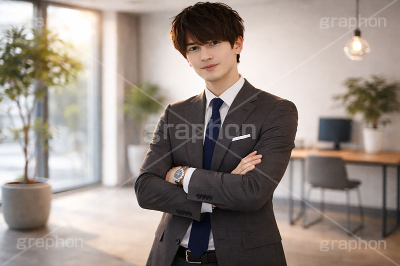 自信,腕組み,サラリーマン,リーマン,ビジネス,仕事,オフィス,スーツ,ネクタイ,背広,男性,モデル,男,青年,ワイシャツ,イメージ,職場,営業,就職,就活,転職,打ち合わせ,打合せ,ミーティング,会議,取引,成立,協力,人物,ポーズ,business,work,office,suit,model,image,meeting,manner,AI生成素材