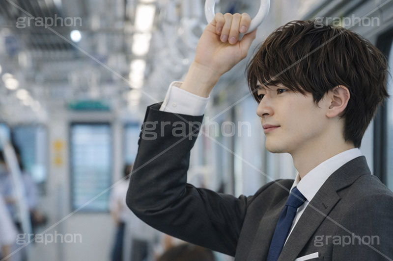 通勤,電車,車内,つり革,吊革,電車通勤,退勤,出社,サラリーマン,リーマン,ビジネス,仕事,オフィス,スーツ,ネクタイ,背広,男性,モデル,男,青年,ワイシャツ,イメージ,職場,営業,就職,就活,転職,打ち合わせ,打合せ,ミーティング,会議,取引,人物,business,work,office,suit,model,image,meeting,manner,train,AI生成素材