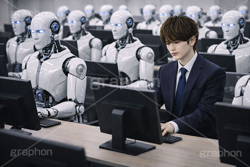 人手不足,デスクワーク,パソコン作業,タイピング,不足,人材,人員,人員不足,人口減少,減少,ロボット,機械,AI,稼働,自動,採用,人間,未来,将来,想像,サラリーマン,リーマン,ビジネス,仕事,オフィス,スーツ,ネクタイ,背広,男性,モデル,男,青年,ワイシャツ,イメージ,職場,営業,就職,就活,転職,打ち合わせ,打合せ,ミーティング,会議,取引,成立,協力,人物,コミュニケーション,communication,business,work,office,suit,model,image,meeting,AI,robot,AI生成素材