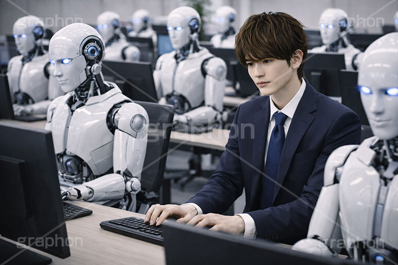 人手不足,デスクワーク,パソコン作業,タイピング,不足,人材,人員,人員不足,人口減少,減少,ロボット,機械,AI,稼働,自動,採用,人間,未来,将来,想像,サラリーマン,リーマン,ビジネス,仕事,オフィス,スーツ,ネクタイ,背広,男性,モデル,男,青年,ワイシャツ,イメージ,職場,営業,就職,就活,転職,打ち合わせ,打合せ,ミーティング,会議,取引,成立,協力,人物,コミュニケーション,communication,business,work,office,suit,model,image,meeting,AI,robot,AI生成素材