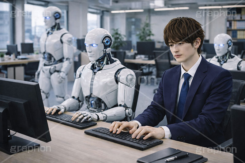 人手不足,デスクワーク,パソコン作業,タイピング,不足,人材,人員,人員不足,人口減少,減少,ロボット,機械,AI,稼働,自動,採用,人間,未来,将来,想像,サラリーマン,リーマン,ビジネス,仕事,オフィス,スーツ,ネクタイ,背広,男性,モデル,男,青年,ワイシャツ,イメージ,職場,営業,就職,就活,転職,打ち合わせ,打合せ,ミーティング,会議,取引,成立,協力,人物,コミュニケーション,communication,business,work,office,suit,model,image,meeting,AI,robot,AI生成素材