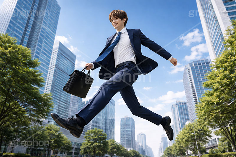 通勤,退勤,出社,サラリーマン,リーマン,ビジネス,仕事,オフィス,スーツ,ネクタイ,背広,男性,モデル,男,青年,ワイシャツ,イメージ,職場,営業,就職,就活,転職,打ち合わせ,打合せ,ミーティング,会議,取引,人物,歩く,ジャンプ,軽快,爽やか,さわやか,前向き,business,work,office,suit,model,image,meeting,manner,jump,AI生成素材