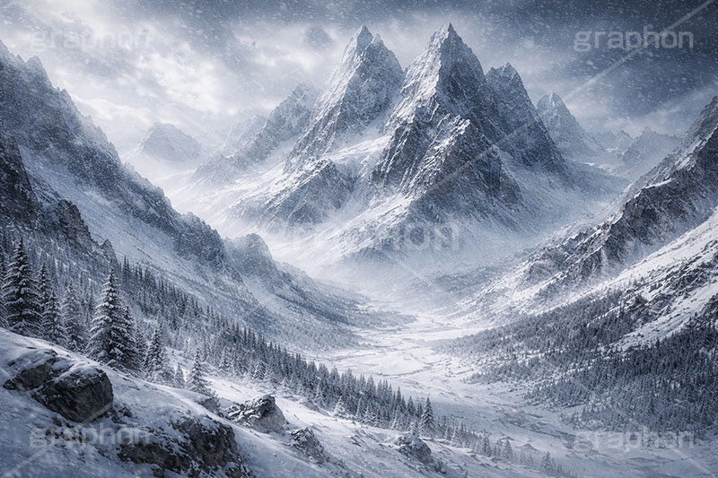 雪山,豪雪,険しい,山,雪崩,雪,ゆき,積,冬,壮大,ファンタジー,背景,BG,fantasy,snow,winter,mountain,AI生成素材