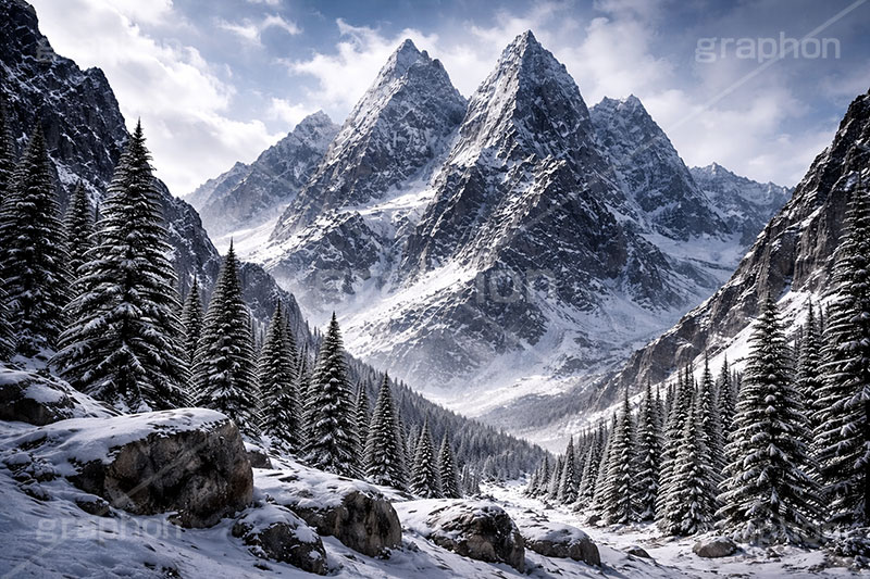 雪山,豪雪,険しい,山,雪崩,雪,ゆき,積,冬,壮大,ファンタジー,背景,BG,fantasy,snow,winter,mountain,AI生成素材