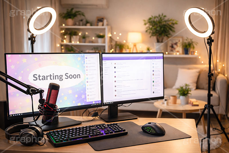 配信部屋,部屋,配信機材,ライブ配信,配信,ライバー,インフルエンサー,VTuber,配信,ライブ,ゲーム実況,コメント欄,コメント,チャット,モニタ,カメラ,キーボード,パソコン,マイク,ヘッドホン,ヘッドフォン,機材,照明,放送,映像,動画,実況,配信素材,SNS,PC,monitor,mic,live,streamer,AI生成素材