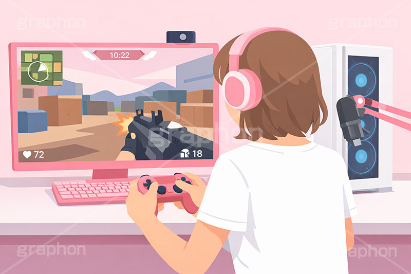 ゲーム実況,ゲーム,コントローラー,ライブ配信,配信,ライバー,インフルエンサー,VTuber,配信,ライブ,コメント欄,コメント,チャット,モニタ,カメラ,キーボード,パソコン,マイク,ヘッドホン,ヘッドフォン,機材,放送,映像,動画,実況,配信素材,人物,女性,イラスト,illustration,SNS,PC,monitor,mic,live,streamer,AI生成素材