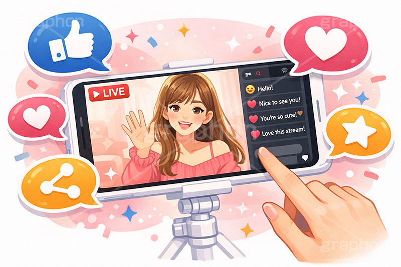 ライブ配信,いいね,共有,シェア,お気に入り,グッド,吹き出し,フキダシ,配信,スマホ,スマートフォン,ライバー,インフルエンサー,VTuber,配信,ライブ,ゲーム実況,コメント欄,コメント,チャット,カメラ,パソコン,三脚,機材,放送,映像,動画,実況,配信素材,人物,女性,イラスト,illustration,SNS,PC,monitor,mic,live,streamer,good,share,AI生成素材