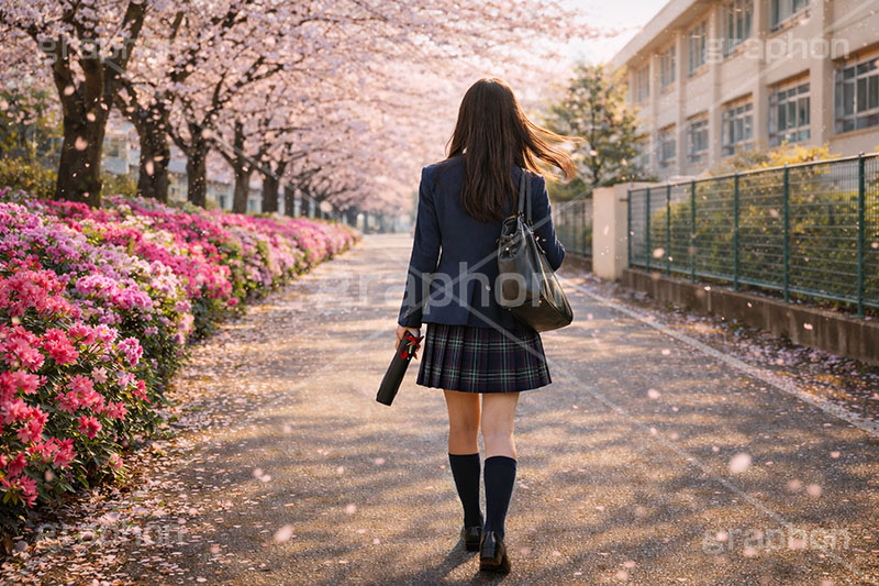 卒業式,卒業,別れ,帰り,後ろ姿,後ろ,女性,女子,人物,女子高生,高校生,女子高校生,卒業証書,学校,校舎,つつじ,ツツジ,桜,さくら,サクラ,花見,ブロッサム,春,花,花びら,花弁,背景,blossom,spring,flower,AI生成素材