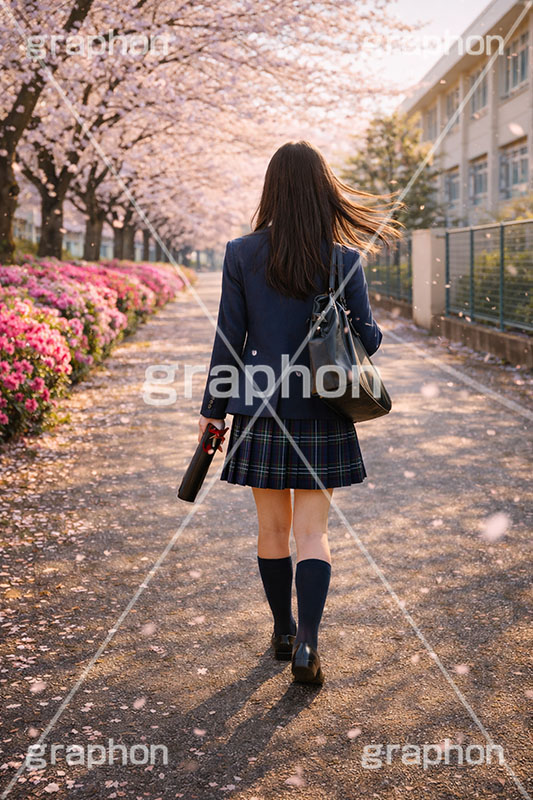 卒業式,卒業,別れ,帰り,後ろ姿,後ろ,女性,女子,人物,女子高生,高校生,女子高校生,卒業証書,学校,校舎,つつじ,ツツジ,桜,さくら,サクラ,花見,ブロッサム,春,花,花びら,花弁,背景,blossom,spring,flower,AI生成素材