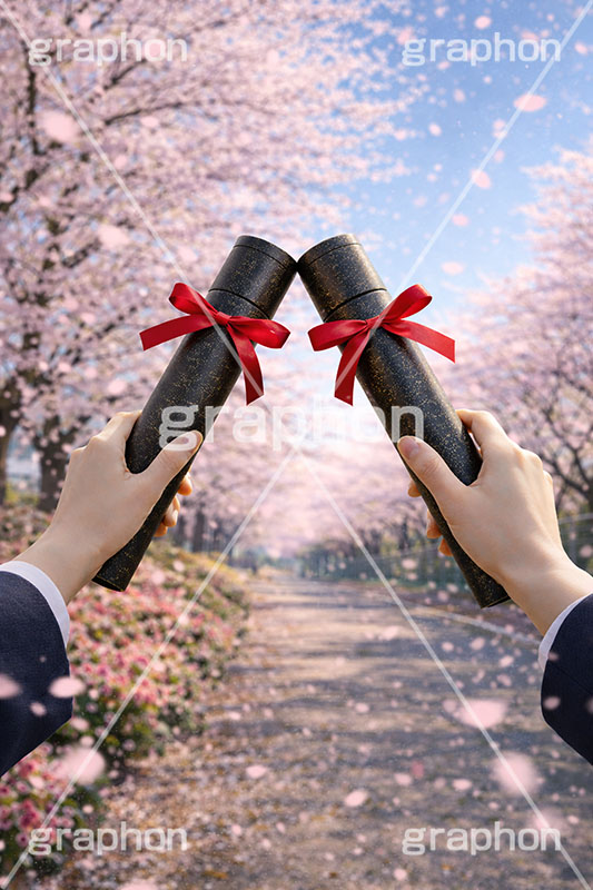 卒業式,卒業,別れ,友達,親友,帰り,後ろ姿,後ろ,女性,女子,人物,手,女子高生,高校生,女子高校生,卒業証書,桜,さくら,サクラ,花見,花吹雪,ブロッサム,春,花,花びら,花弁,背景,blossom,spring,flower,hand,friend,AI生成素材