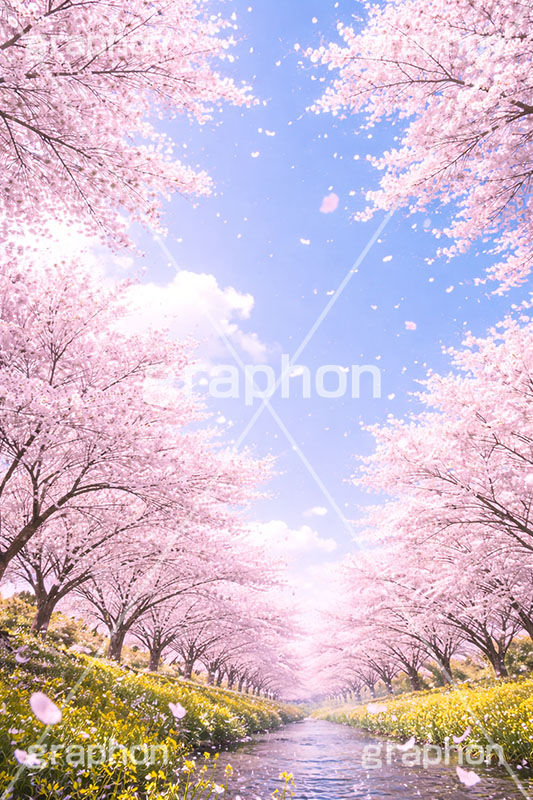 桜と菜の花,菜の花,菜の花畑,川,桜,さくら,サクラ,花見,ブロッサム,春,花,花びら,花弁,背景,blossom,spring,flower,AI生成素材