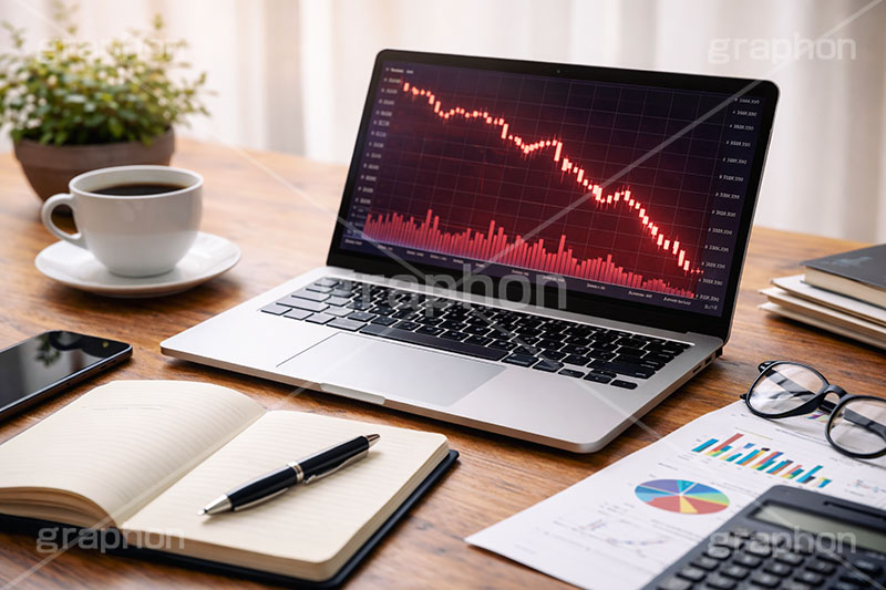 チャート暴落,チャート,パソコン,ノートパソコン,スマホ,スマートフォン,携帯電話,デスク,メガネ,めがね,眼鏡,ノート,資料,電卓,株,株価,株価指数,上昇,急騰,下落,暴落,家計,積立,積み立て,投資,企業,決算,円安,仮想通貨,不動産,金利,グラフ,トレード,ローソク足,資産,金,お金,マネー,損失,NISA,経済,GDP,PC,chart,graph,money,trade,AI生成素材