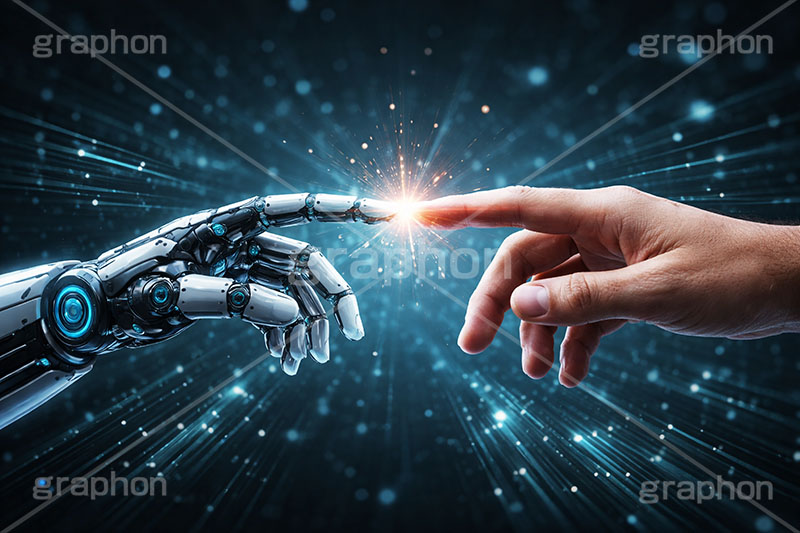 AI,ロボット,指,手,発光,発光ノード,半導体,部品,基盤,電子,電流,データ,産業,ネオン,デジタル,ビックデータ,未来,近未来,粒子,開発,解析,マトリックス,ロボット,hand,finger,robot,GPU,digital,matrix,AI生成素材