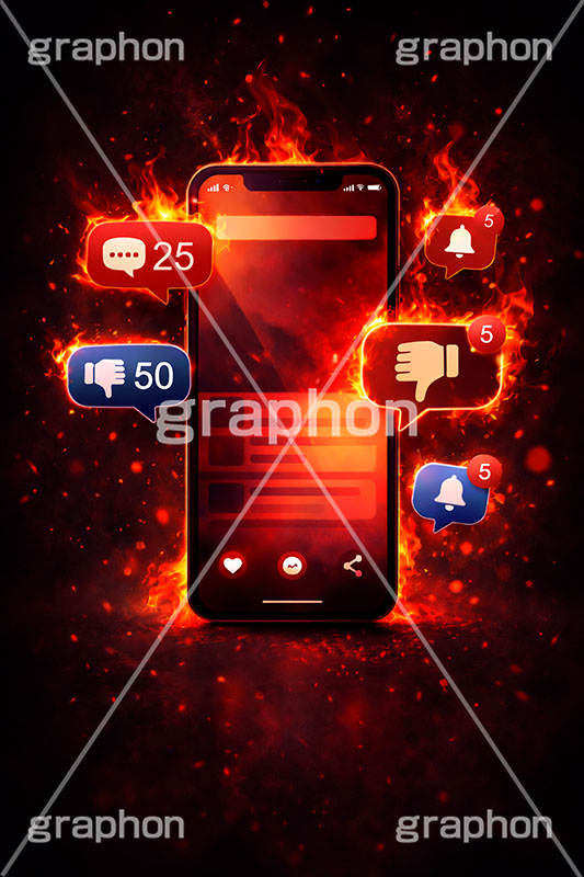 炎上,トレンド,フォロワー,フォロー,依存,依存症,誹謗中傷,誹謗,中傷,SNS,スマホ,スマートフォン,通知,デジタル,コミュニケーション,いいね,グッド,バッド,お気に入り,コメント,吹き出し,フキダシ,共有,ポップアップ,UI,プラットフォーム,メディア,アイコン,icon,digital,phone,bell,good,bad,communication,media,AI生成素材