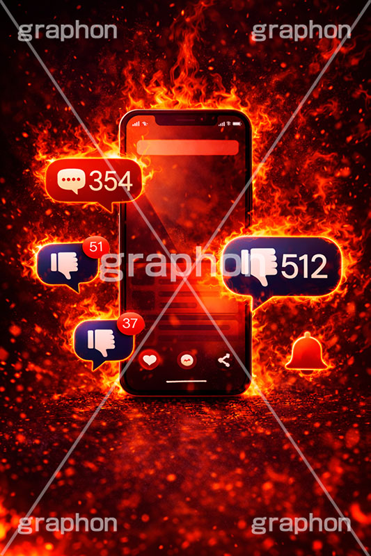 炎上,トレンド,フォロワー,フォロー,依存,依存症,誹謗中傷,誹謗,中傷,SNS,スマホ,スマートフォン,通知,デジタル,コミュニケーション,いいね,グッド,バッド,お気に入り,コメント,吹き出し,フキダシ,共有,ポップアップ,UI,プラットフォーム,メディア,アイコン,icon,digital,phone,bell,good,bad,communication,media,AI生成素材