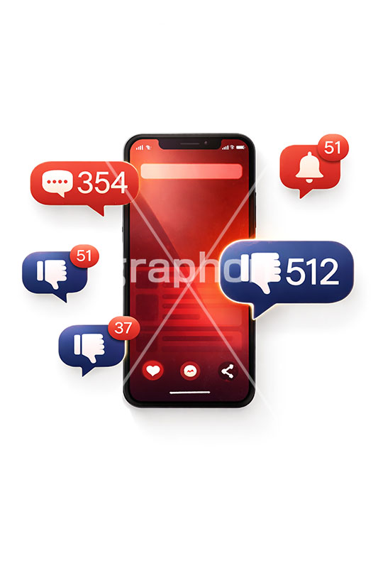 炎上,トレンド,フォロワー,フォロー,依存,依存症,誹謗中傷,誹謗,中傷,SNS,スマホ,スマートフォン,通知,デジタル,コミュニケーション,いいね,グッド,バッド,お気に入り,コメント,吹き出し,フキダシ,共有,ポップアップ,UI,プラットフォーム,メディア,アイコン,icon,digital,phone,bell,good,bad,communication,media,AI生成素材