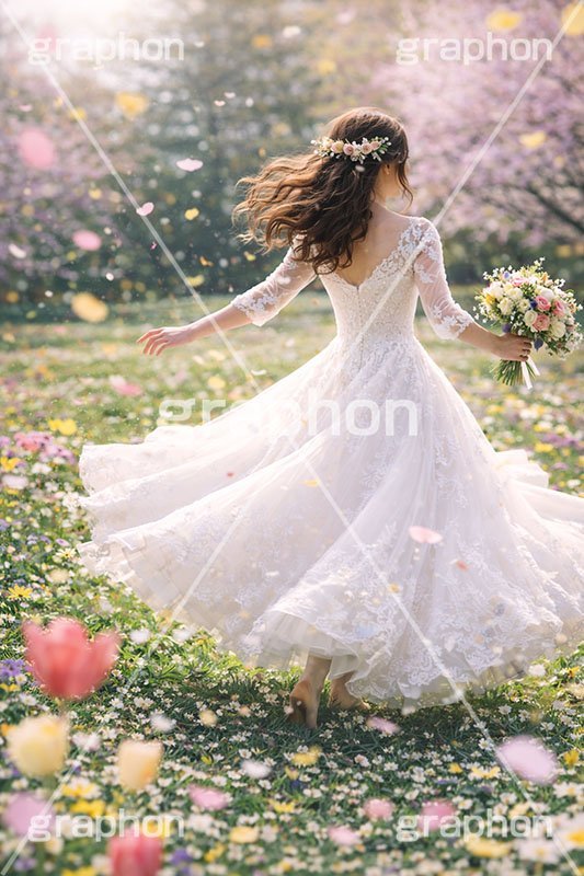 春のウェディング,ウェディング,ウェディングドレス,ドレス,ブーケ,花嫁,春の花畑,春,花畑,草原,公園,スプリング,花,花吹雪,花弁,花びら,桜,さくら,フラワー,花,人物,女性,女,wedding,bouquet,spring,flower,AI生成素材