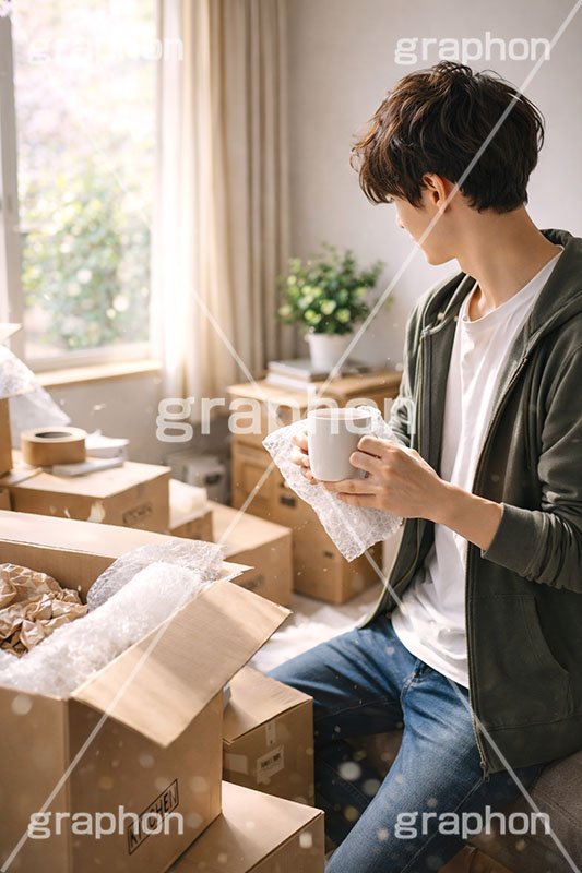 新生活,引っ越し,引越し,一人暮らし,就職,入学,卒業,荷物,荷造り,荷ほどき,荷解き,食器,マグカップ,片付け,片づけ,作業,段ボール,ダンボール,ワンルーム,アパート,人物,男性,男,AI生成素材