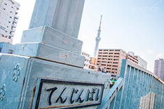 天神橋,亀戸,横十間川,橋,はし,河川,青い橋,蔵前橋通り,墨田区,江東区,スカイツリー,塔,看板,標示,タワー,tower,skytree,japan