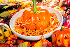 オバケ南瓜のパスタ,おばけ,オバケ,パンプキン,パプリカ,秋,ハロウィン,パスタ,スパゲッティ,トマトパスタ,ピリ辛,おもしろ,面白い,pumpkin,halloween,paprika,autumn,pasta