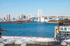 お台場の雪化粧,お台場,台場,東京都港区台場,東京臨海副都心,御台場,東京湾,港区,レインボーブリッジ,橋,冬,雪,雪化粧,積もる,青空,東京,DAIBA,winter,snow,tokyo