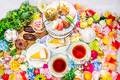 アフタヌーンティー,チーズケーキ,エクレア,ドーナツ,チョコ,チョコレート,パーティー,庭,ガーデン,garden,party,spring,tea,cake,cup,pot,macron,マシュマロ,カップ,ポット,ケーキ,マフィン,甘味,甘い,紅茶,ティー,お茶会,おやつ,お菓子,菓子,スイーツ,春,花,花びら,ガーリー,女子力,可愛い,かわいい,マカロン,フォーク,フルサイズ撮影
