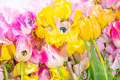 春の花束,スプリング,春,ガーリー,パステル,花,フラワー,カラフル,チューリップ,スイートピー,水滴,ジュエル,宝石,しずく,キラキラ,flower,colorful,tulip,jewel,spring,pastel