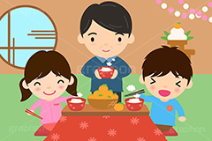 お餅,餅,もち,お雑煮,鏡餅,鏡もち,正月,お正月,年始,おうち,お家,こたつ,コタツ,みかん,ミカン,冬,家族,イラスト,キャラクター,人物,男女,兄弟,兄,妹,子供,こども,キッズ,父,おとうさん,お父さん,親,親子,kids,character,illustration,japan,winter,family