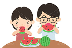 スイカを食べる人たち,スイカ,すいか,西瓜,タネ,種,夏,サマー,食べる,フルーツ,おじさん,おばさん,お父さん,お母さん,中年,家族,風習,人物,男女,キャラクター,イラスト,かわいい,カワイイ,可愛い,character,material,japan,summer,fruit,illustration