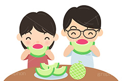 メロンを食べる人たち,メロン,夏,サマー,食べる,フルーツ,こども,子供,男の子,女の子,少年,少女,キッズ,ボーイ,ガール,おじさん,おばさん,お父さん,お母さん,中年,家族,風習,人物,男女,キャラクター,イラスト,かわいい,カワイイ,可愛い,character,material,japan,summer,fruit,illustration,melon