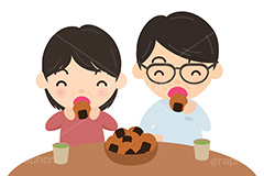 煎餅を食べる夫婦,せんべい,煎餅,おやつ,菓子,お菓子,夫婦,男女,中年,お父さん,お母さん,おじさん,おばさん,食べる,食べる人,人物,キャラクター,イラスト,挿絵,挿し絵,illustration