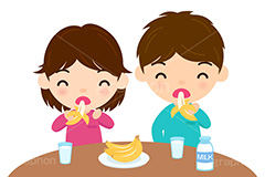 バナナを食べる子供,子供,キッズ,男の子,女の子,男女,バナナ,フルーツ,牛乳,ミルク,朝食,おやつ,菓子,お菓子,食べる,食べる人,人物,キャラクター,イラスト,挿絵,挿し絵,illustration,kids,banana,milk