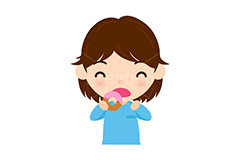 ドーナツを食べる女の子,子供,キッズ,女の子,スイーツ,ドーナツ,ドーナッツ,ジュース,おやつ,菓子,お菓子,食べる,食べる人,人物,キャラクター,イラスト,挿絵,挿し絵,illustration,kids,donut,juice