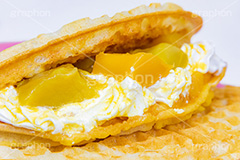 トゥンワッフル,フルーツワッフル,ワッフル,スイーツ,おやつ,甘い,デザート,クリーム,生クリーム,フルーツ,マンゴー,菓子,お菓子,焼き菓子,焼菓子,焼き,韓国グルメ,waffle,cake,dessert,sweet,mango,cream,フルサイズ撮影