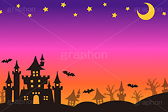 ハロウィンナイト,城,お城,キャッスル,夜空,星空,三日月,ハロウィン,コウモリ,こうもり,蝙蝠,文化,風習,行事,イラスト,背景,フレーム,枠,かわいい,カワイイ,可愛い,halloween,illustration,frame,castle