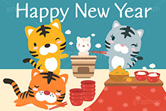 Happy New Year,ハッピーニューイヤー,ハッピーニューイヤー,もち,餅,焼餅,七輪,お雑煮,寅キャラクター,ホワイトタイガー,こたつ,コタツ,お正月,正月,年賀状,干支,虎,寅,とら,寅年,イベント,冬,行事,イラスト,ポップ,可愛い,かわいい,カワイイ,キャラクター,動物,ニューイヤー,newyear,illustration,POP,winter,tiger