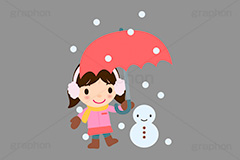 雪の日,雪,スノー,スノーマン,雪だるま,雪ダルマ,マフラー,傘,冬,天気,こども,子供,キッズ,女の子,キッズ,ガール,家族,人物,キャラクター,イラスト,可愛い,かわいい,カワイイ,挿絵,挿し絵,character,kids,girl,illustration,snow,winter