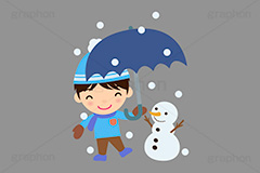 雪の日,雪,スノー,スノーマン,雪だるま,雪ダルマ,マフラー,傘,冬,天気,こども,子供,キッズ,男の子,キッズ,ボーイ,家族,人物,キャラクター,イラスト,可愛い,かわいい,カワイイ,挿絵,挿し絵,character,kids,boy,llustration,snow,winter