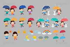 子供のお天気セット(ベクターデータ),天気,お天気,雨,雲,曇り,くもり,雷,雷雲,雷雨,豪雨,ゲリラ豪雨,太陽,日差し,陽射し,月,満月,三日月,傘,長靴,ニット帽,マフラー,耳当て,耳あて,水たまり,水溜り,雪,雪だるま,雪ダルマ,スノーマン,雨の日,雪の日,雨女,雨男,晴れ女,晴れ男,こども,子供,キッズ,女の子,男の子,男女,キッズ,ガール,ボーイ,家族,人物,キャラクター,可愛い,かわいい,カワイイ,イラスト,イラストセット,日常キャラクターズ,character,kids,girl,boy,illustration,snow,rain,rainbow,snowman,cloud,sun,moon,thunder