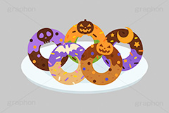 ハロウィンドーナツ,ハロウィンスイーツ,ハロウィン,ドーナツ,ドーナッツ,チョコドーナツ,スイーツ,お菓子,菓子,おやつ,チョコ,チョコレート,トッピング,デコレーション,焼き菓子,焼菓子,皿,挿絵,挿し絵,illustration,donut,halloween