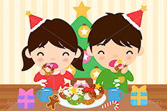 クリスマスパーティー,ドーナツを食べる子供,クリスマス,パーティー,子供,キッズ,男の子,女の子,男女,スイーツ,ドーナツ,ドーナッツ,おやつ,菓子,お菓子,食べる,食べる人,人物,キャラクター,イラスト,挿絵,挿し絵,冬,illustration,kids,donut,christmas