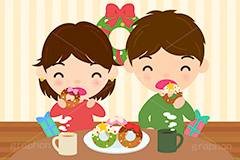 クリスマスパーティー,ドーナツを食べる男女,クリスマス,パーティー,若者,カップル,兄弟,男女,スイーツ,ドーナツ,ドーナッツ,おやつ,菓子,お菓子,食べる,食べる人,人物,キャラクター,イラスト,挿絵,挿し絵,冬,illustration,kids,donut,christmas