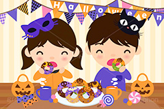 ハロウィンパーティー,ドーナツを食べる子供,ハロウィン,パーティー,子供,キッズ,男の子,女の子,男女,スイーツ,ドーナツ,ドーナッツ,おやつ,菓子,お菓子,食べる,食べる人,人物,キャラクター,イラスト,挿絵,挿し絵,illustration,kids,donut,halloween