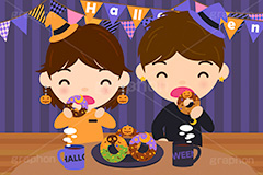 ハロウィンパーティー,ドーナツを食べる男女,ハロウィン,パーティー,若者,カップル,兄弟,男女,スイーツ,ドーナツ,ドーナッツ,おやつ,菓子,お菓子,食べる,食べる人,人物,キャラクター,イラスト,挿絵,挿し絵,illustration,kids,donut,halloween