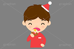 クリスマスパーティー,ドーナツを食べる男,クリスマス,パーティー,若者,スイーツ,ドーナツ,ドーナッツ,おやつ,菓子,お菓子,食べる,食べる人,人物,キャラクター,イラスト,挿絵,挿し絵,冬,illustration,kids,donut,christmas