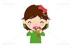 クリスマスパーティー,ドーナツを食べる女,クリスマス,パーティー,若者,スイーツ,ドーナツ,ドーナッツ,おやつ,菓子,お菓子,食べる,食べる人,人物,キャラクター,イラスト,挿絵,挿し絵,冬,illustration,kids,donut,christmas